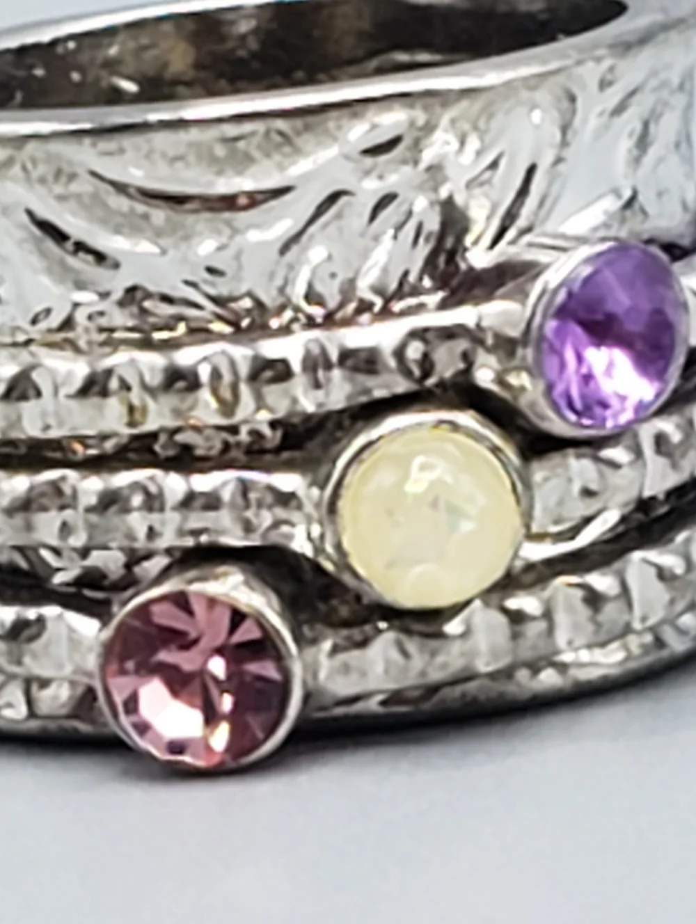 Silver Spinner Ring - 3 Multi-Stack Ring w/ Pink Purple Cream Stones - Hammered